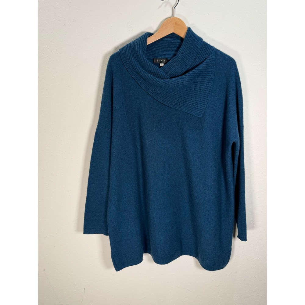 Forte Cashmere Tunic Sweater Womens Sz L Dark Teal Blue Shawl Cowl Neck Classic